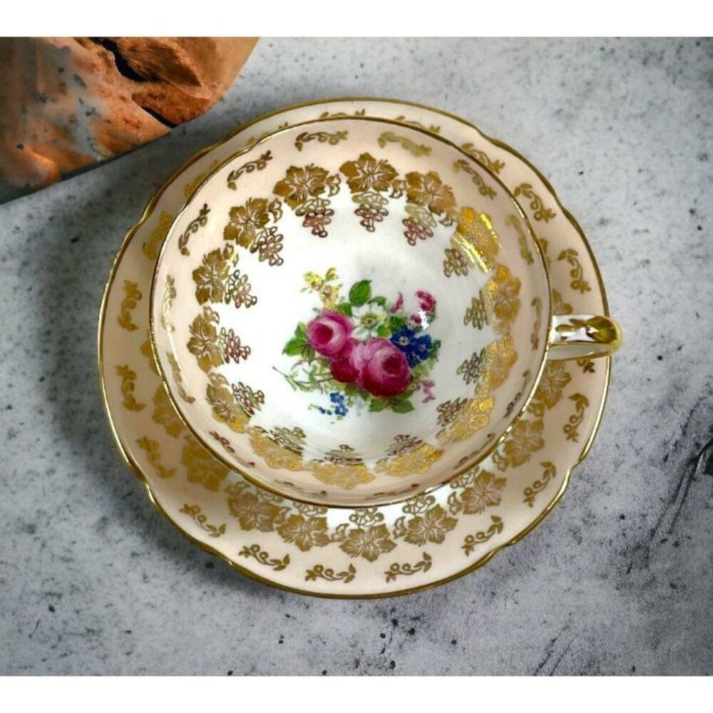 Stanley Heavy Gold Gilt Floral Pink Rose Teacup + Saucer Set England Grape Vines